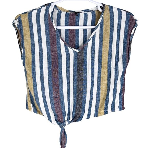 Drew Womens S Striped Linen Blend 2 Piece Set Crop Top Faux Wrap Pants Lagenlook - Picture 2 of 16